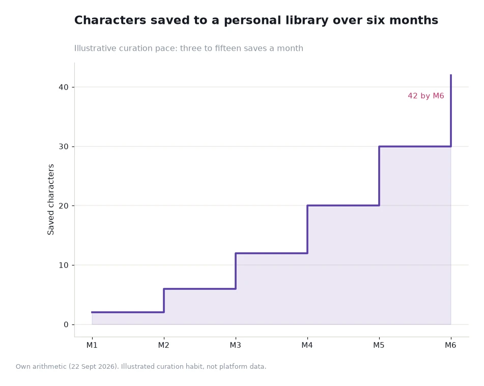 Step chart of saved characters rising from 2 in month one to 42 in month six